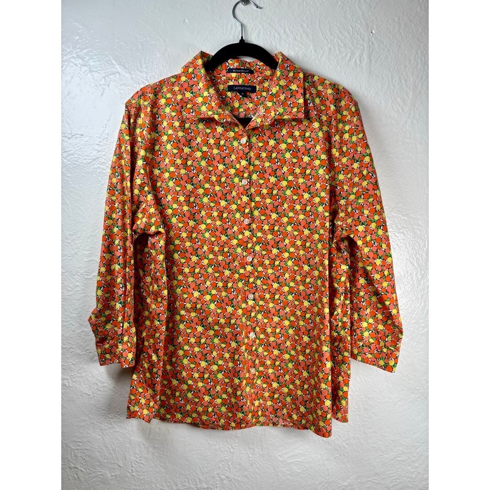 Lands End Button Up Shirt Womens 18 Orange Citrus Fruit Supimaβ Cotton Dopamine